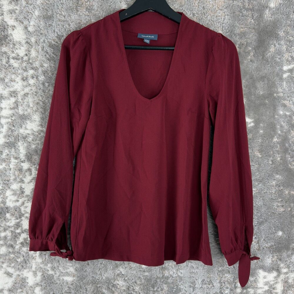 Modcloth Womens Size XXS Scoop Neck Top Red Tie Long Sleeve Pullover Blouse